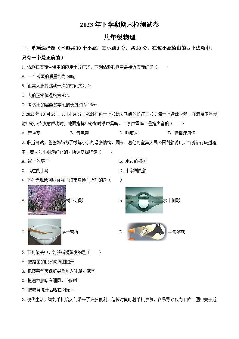 湖南省衡阳市常宁市2023-2024学年八年级上学期期末考试物理试题（原卷版+解析版）01
