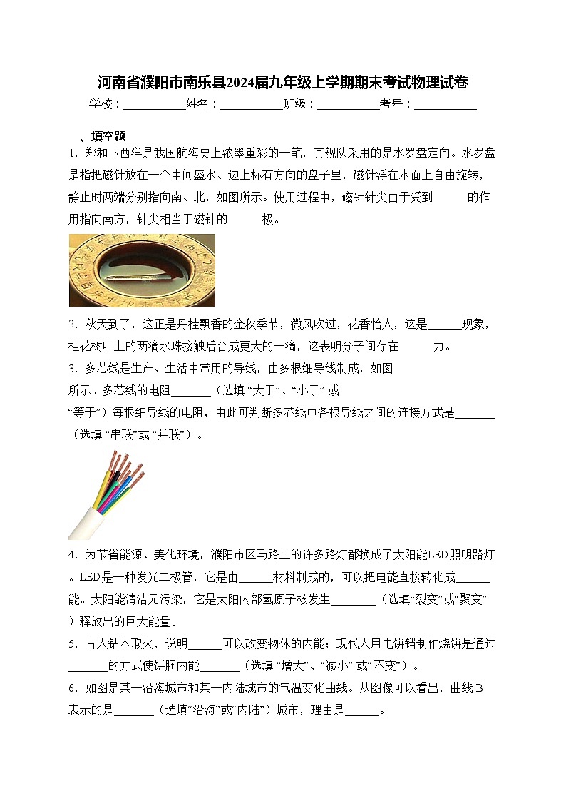 河南省濮阳市南乐县2024届九年级上学期期末考试物理试卷(含答案)01