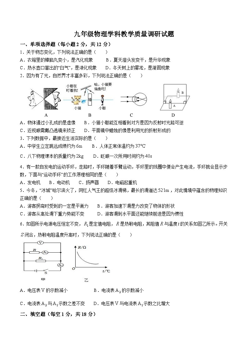 吉林省吉林市2023-2024学年下学期九年级物理调研试题+第1页
