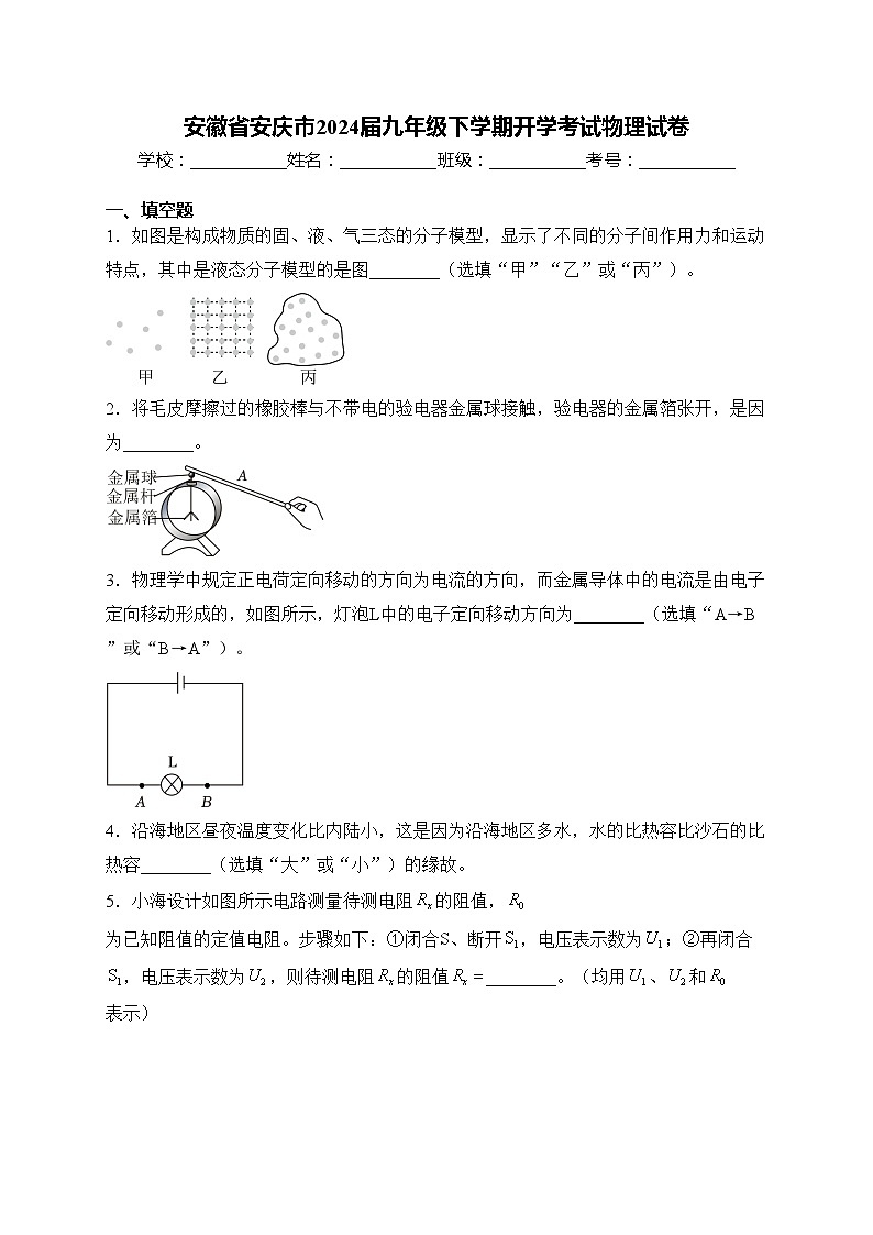 安徽省安庆市2024届九年级下学期开学考试物理试卷(含答案)01
