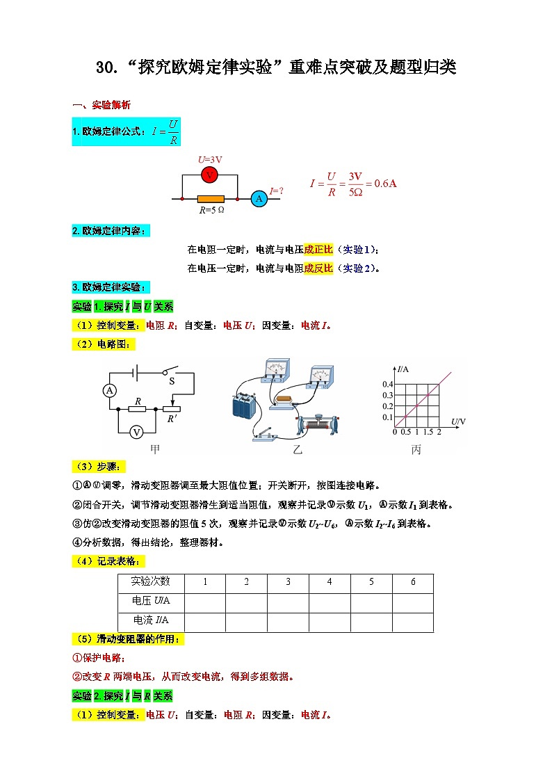 中考物理一轮复习重难点突破及题型归类30.《探究欧姆定律实验》01