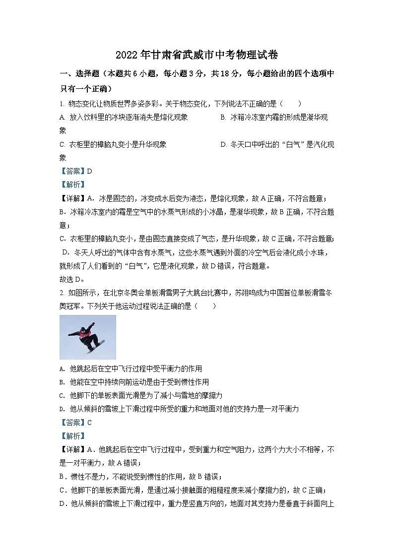 2022年甘肃省武威市中考物理试题（含解析）01