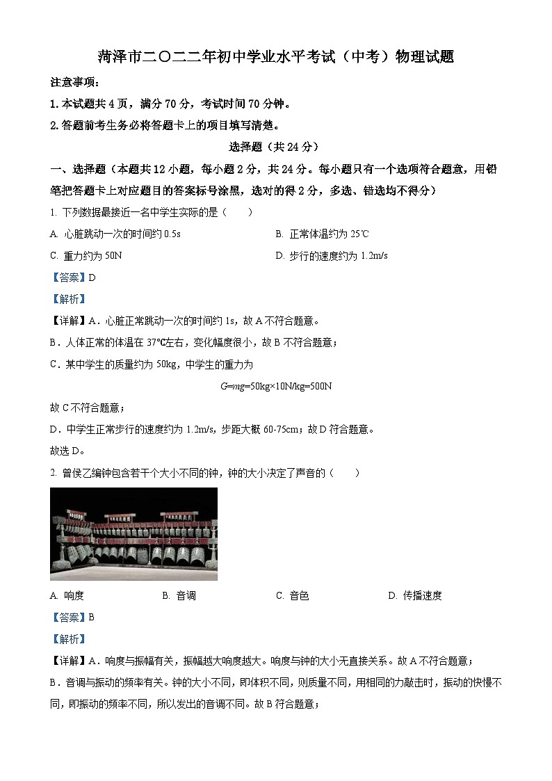 2022年山东省菏泽市中考物理试题（含解析）01