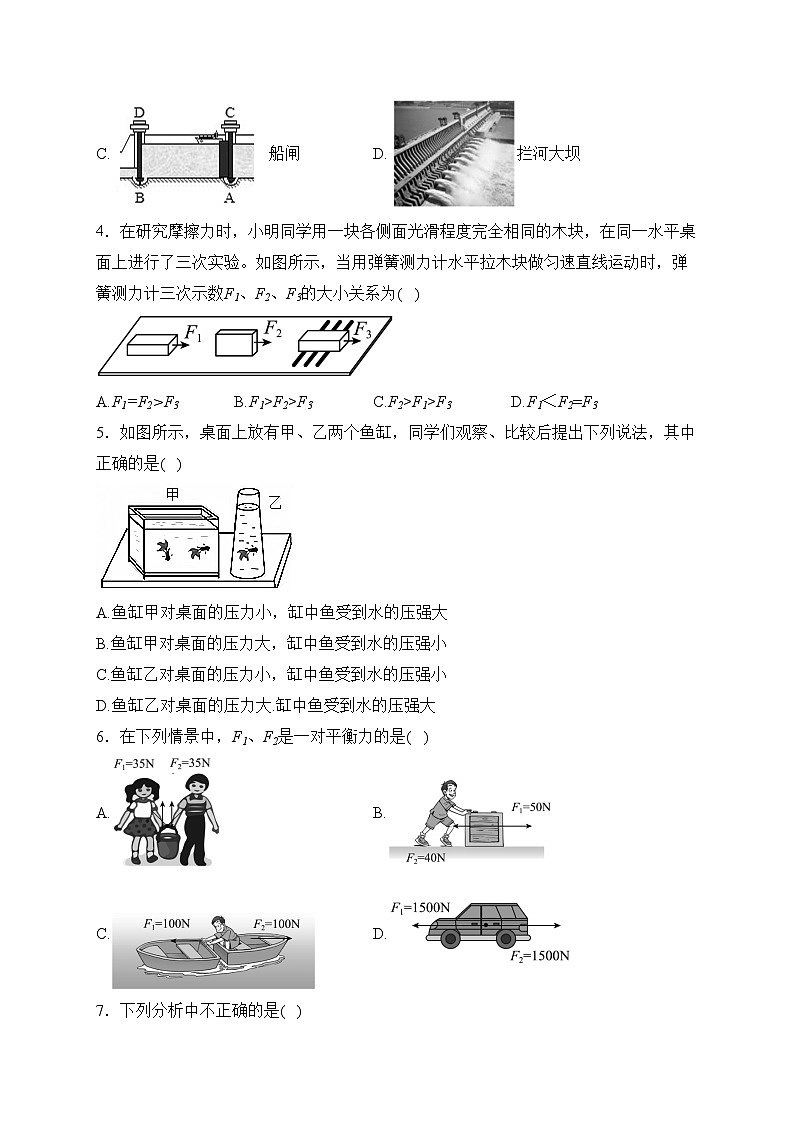 四川省内江地区2022-2023学年八年级下学期期中考试物理试卷(含答案)第2页