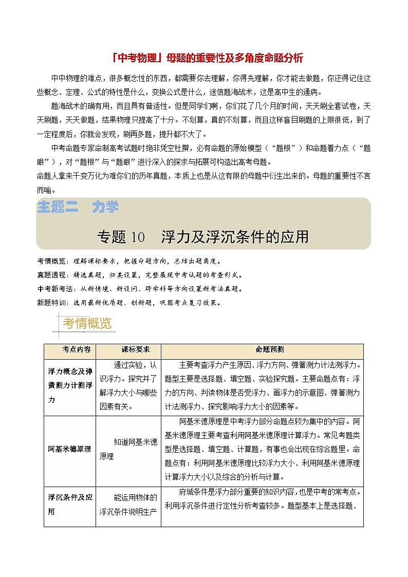 专题10  浮力及浮沉条件的应用-备战2024年中考物理真题题源解密（全国通用）（原卷版）第1页