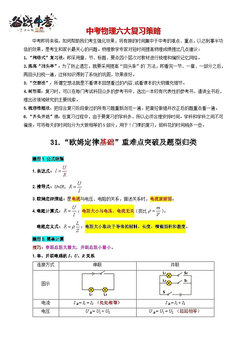 2023年中考物理一轮复习讲义--31.“欧姆定律基础”重难点突破及题型归类第1页