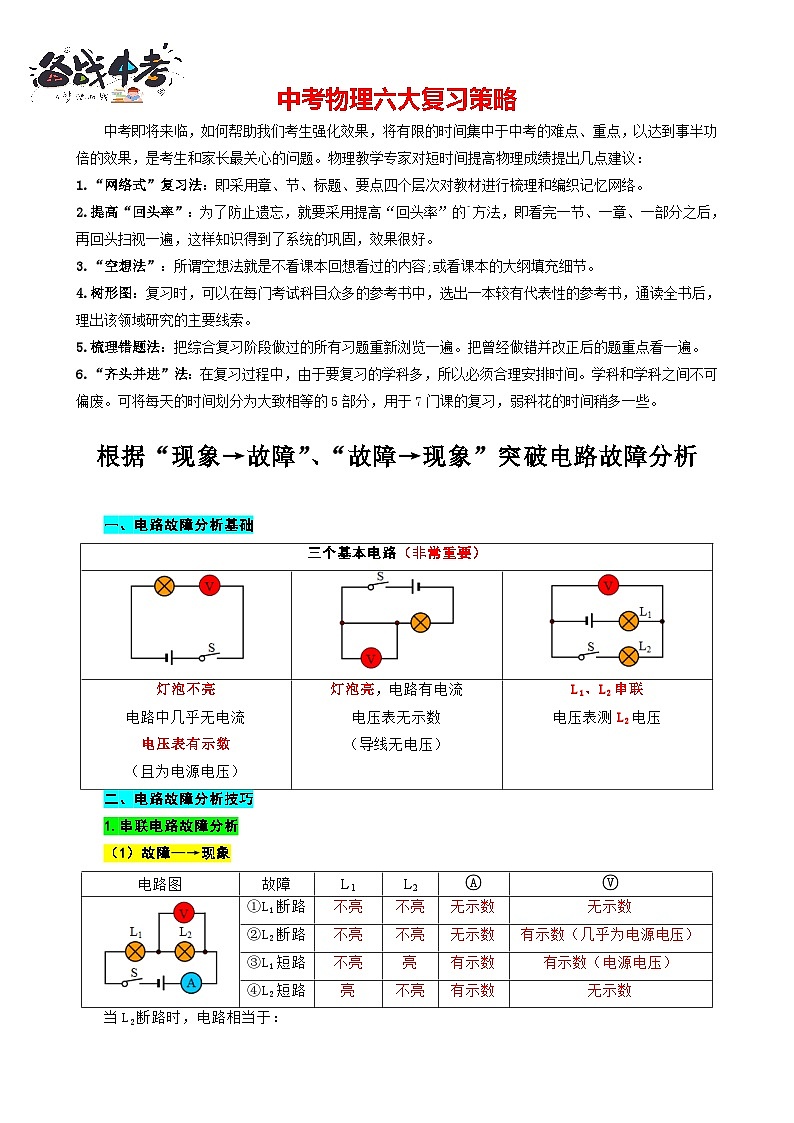 2023年中考物理一轮复习讲义--根据“现象→故障”、“故障现象”突破电路故障分析第1页