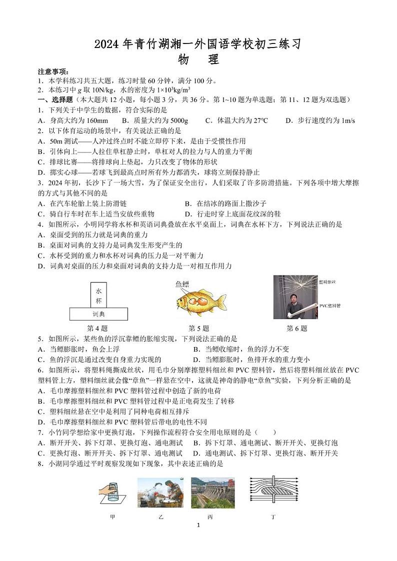 2024年湖南省长沙市青竹湖湘一外国语学校中考物理一模试卷第1页