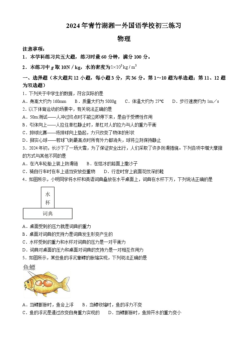 2024年湖南省长沙市青竹湖湘一外国语学校中考物理一模试卷第1页