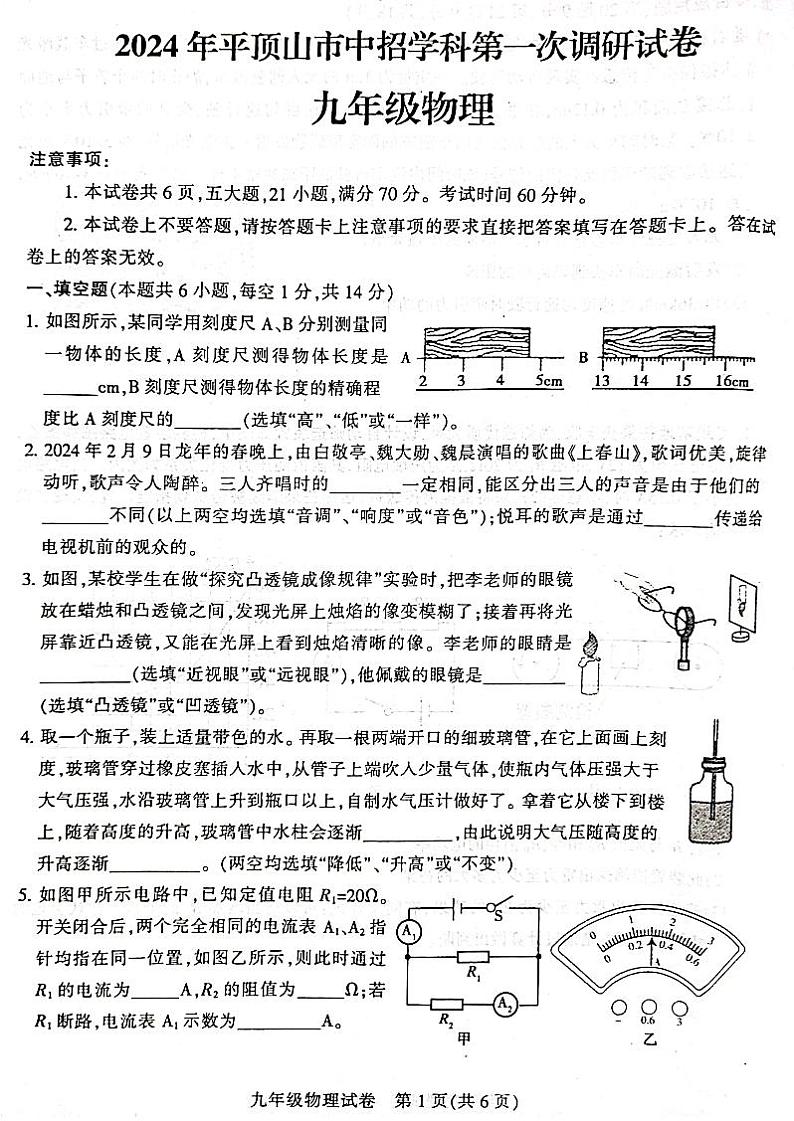 2024年河南省平顶山市九年级中考一模物理试题及答案01