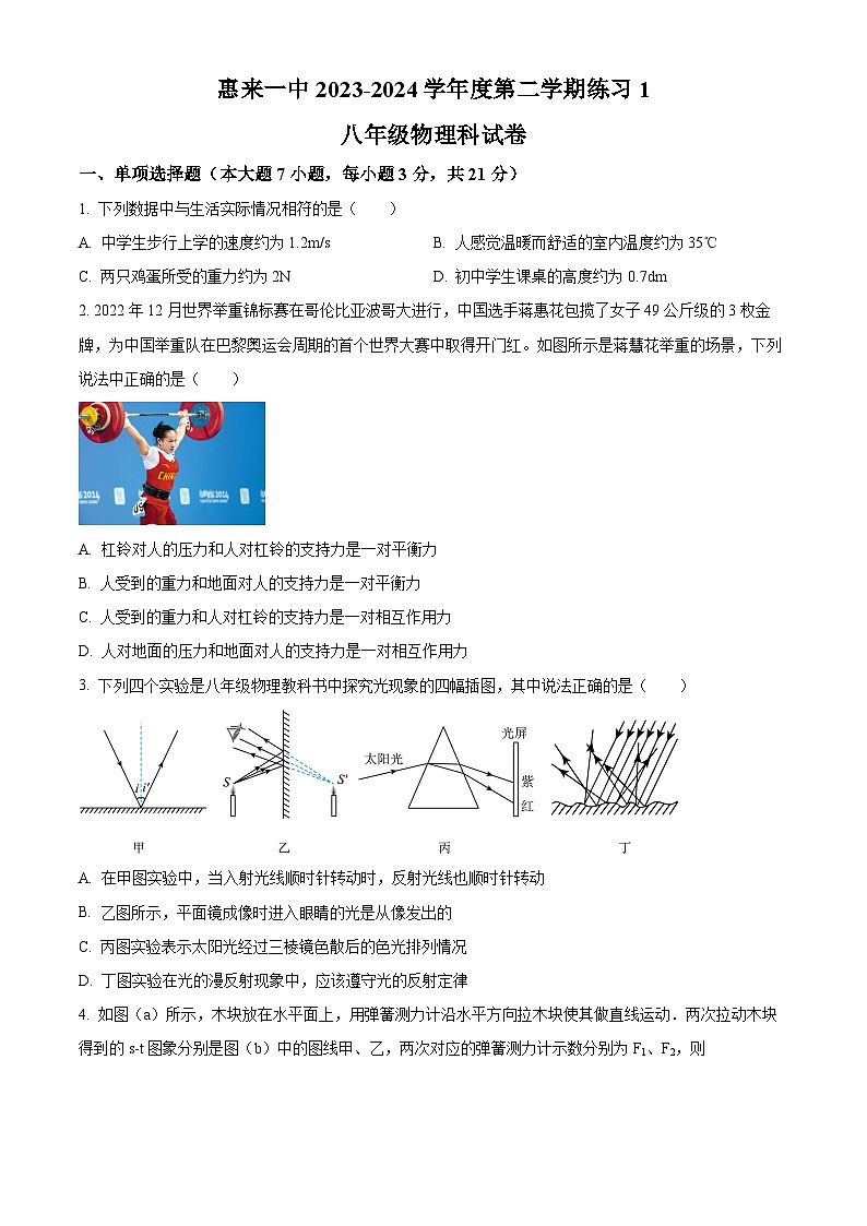 广东省揭阳市惠来县第一中学2023-2024学年八年级下学期3月月考物理试题（原卷版）第1页