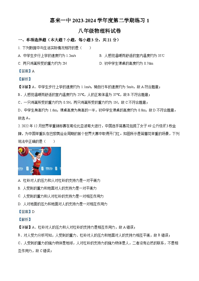 广东省揭阳市惠来县第一中学2023-2024学年八年级下学期3月月考物理试题（解析版）第1页