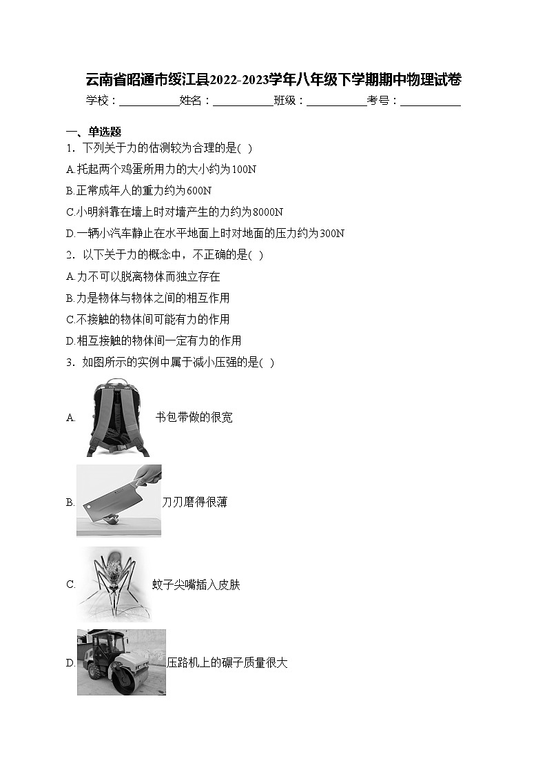 云南省昭通市绥江县2022-2023学年八年级下学期期中物理试卷(含答案)第1页
