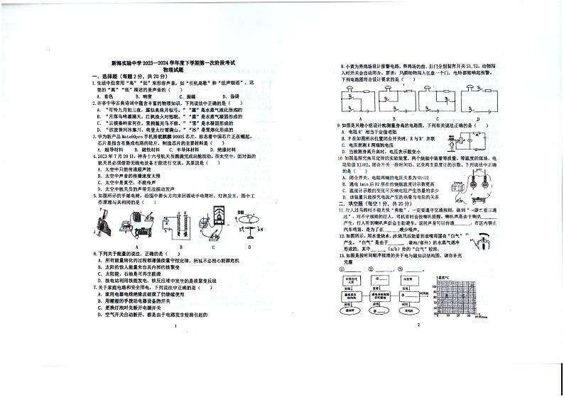 2024年江苏省连云港市新海实验中学中考一模物理试题01