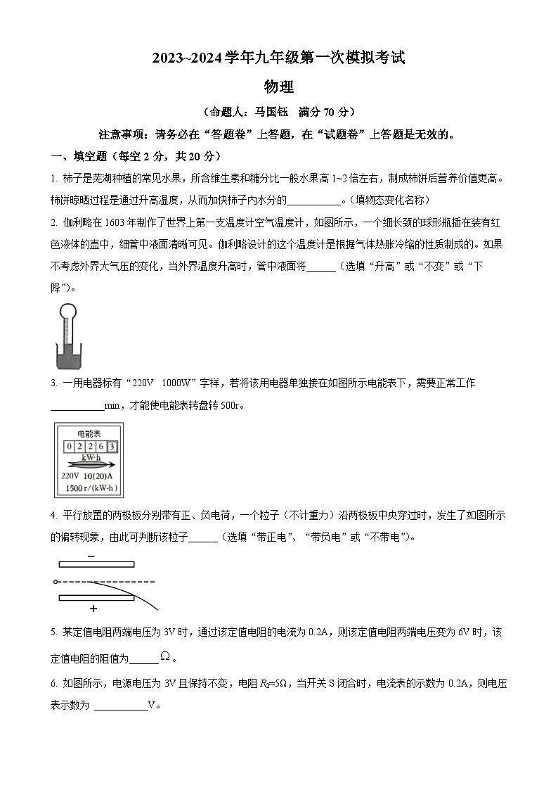 2024年安徽芜湖第二十九中学九年级第一次模拟考试物理试卷（原卷版+解析版）01
