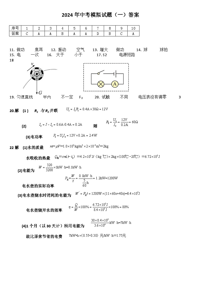 2024年中考第一次模拟考试题：物理（海南卷）（答案）第1页