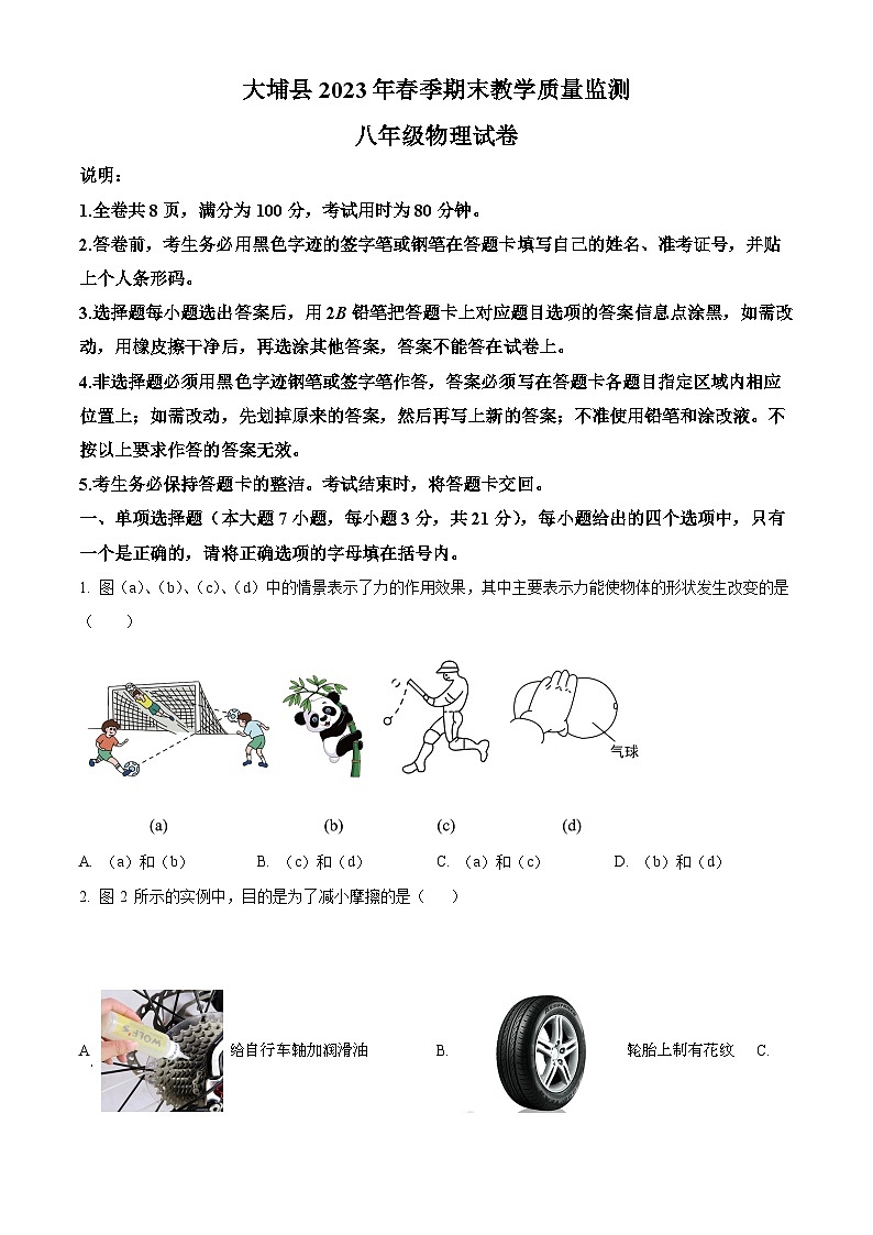 广东省梅州市大埔县八年级下学期期末考试物理试题（原卷版）第1页