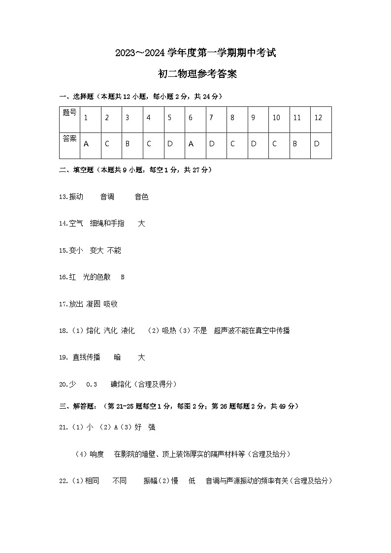 江苏省盐城市东台市实验中学教育集团2023-2024学年上学期期中检测试卷--八年级物理01