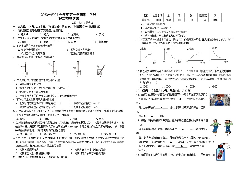 江苏省盐城市东台市实验中学教育集团2023-2024学年上学期期中检测试卷--八年级物理01