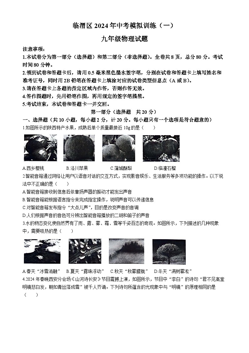 2024年陕西省渭南市临渭区九年级中考第一次模拟考试物理试卷01
