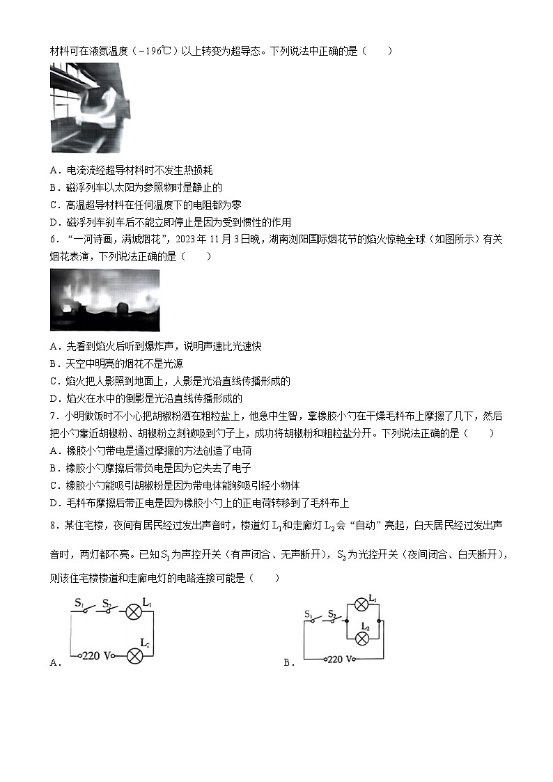 2024年湖南省衡阳县部分学校九年级下学期一模物理试题(无答案)02