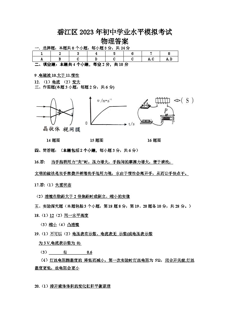 2023年贵州省铜仁市碧江区初中学业考试九年级物理模拟卷答案第1页