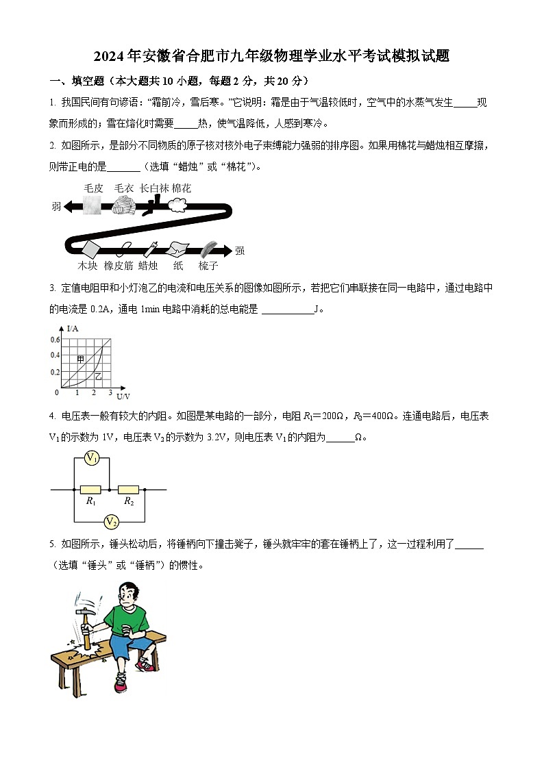 2024年安徽省合肥市九年级物理学业水平考试模拟试题（原卷版）第1页