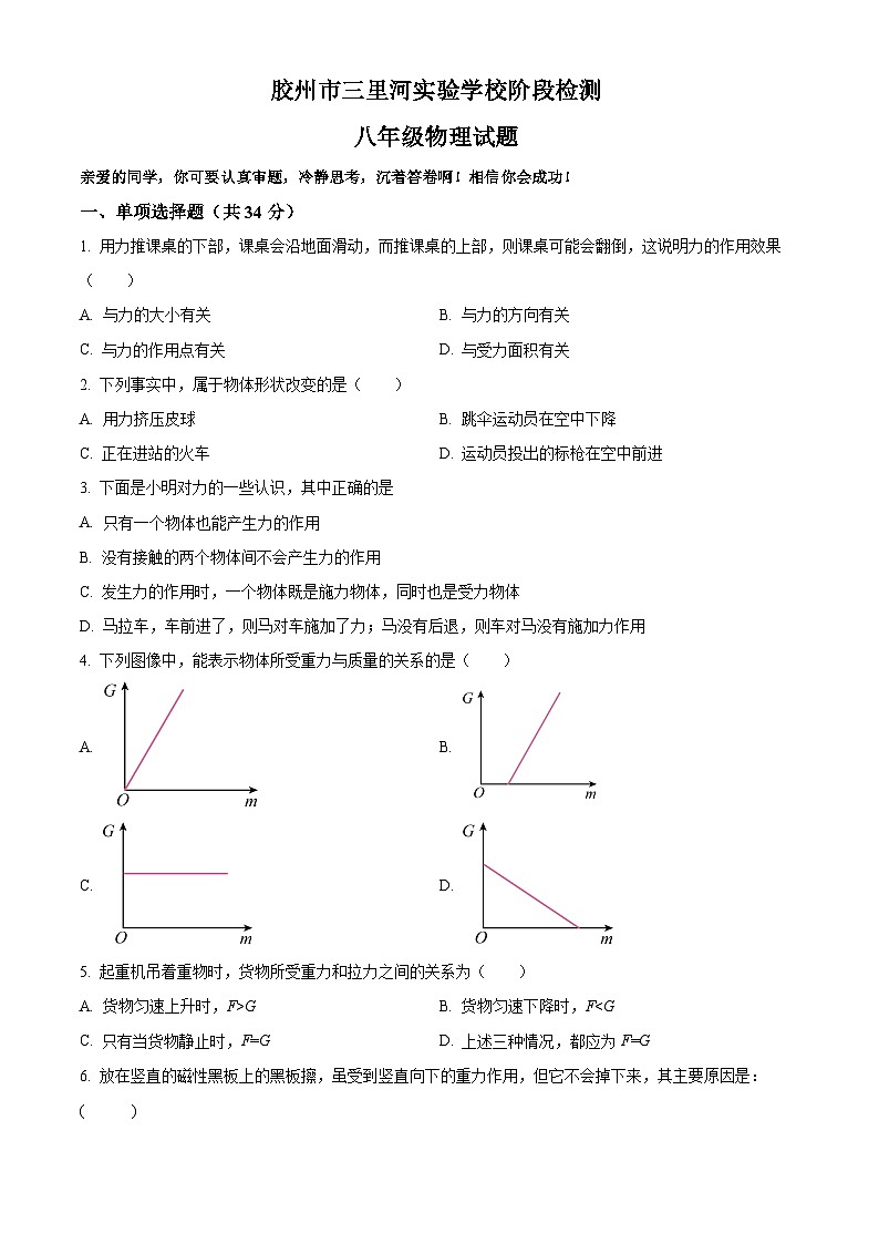 山东省青岛市胶州市三里河实验学校2023-2024学年八年级下学期3月月考物理试题（原卷版）第1页