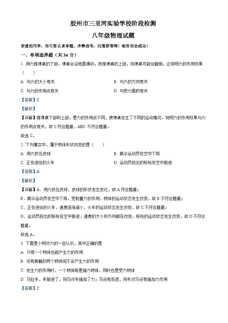 山东省青岛市胶州市三里河实验学校2023-2024学年八年级下学期3月月考物理试题（解析版）第1页