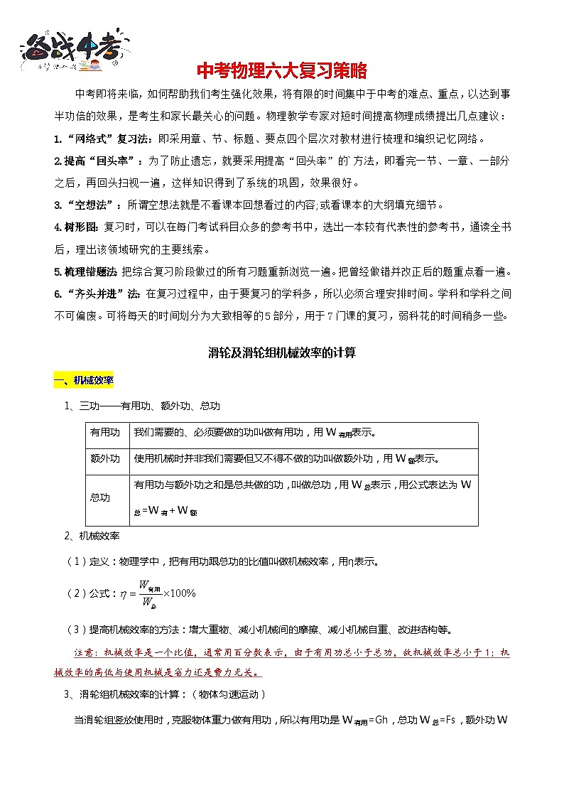 2024年中考物理二轮复习重难点汇编（讲义） 滑轮组的机械效率（苏科版）第1页