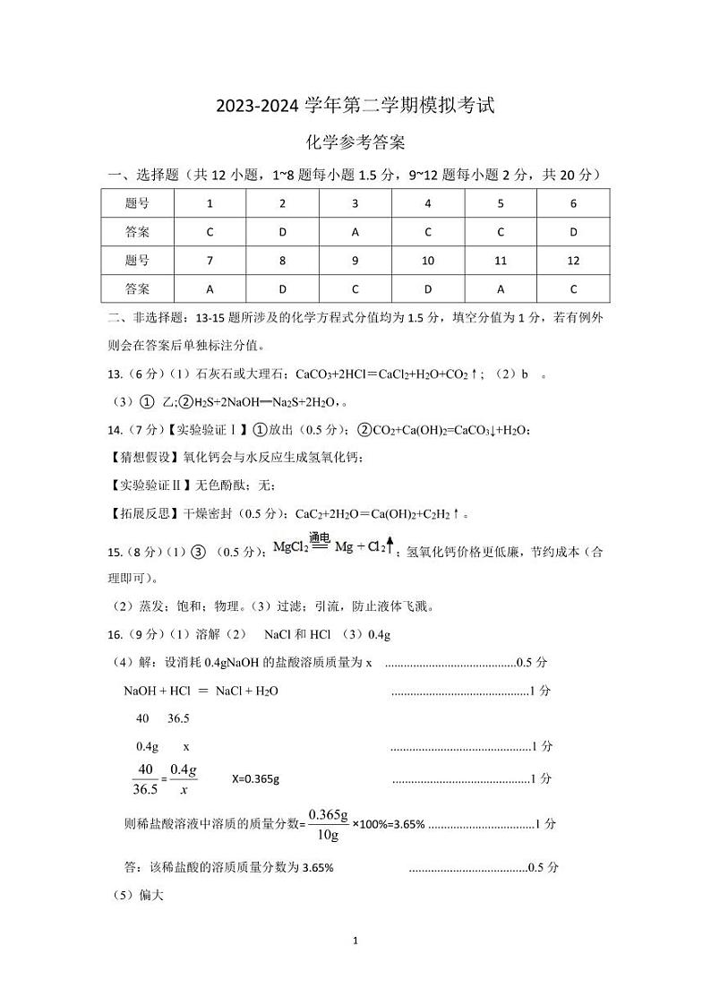 广东省深圳市深圳中学2023—2024学年学期九年级三月月考物理化学合卷化学答案第1页