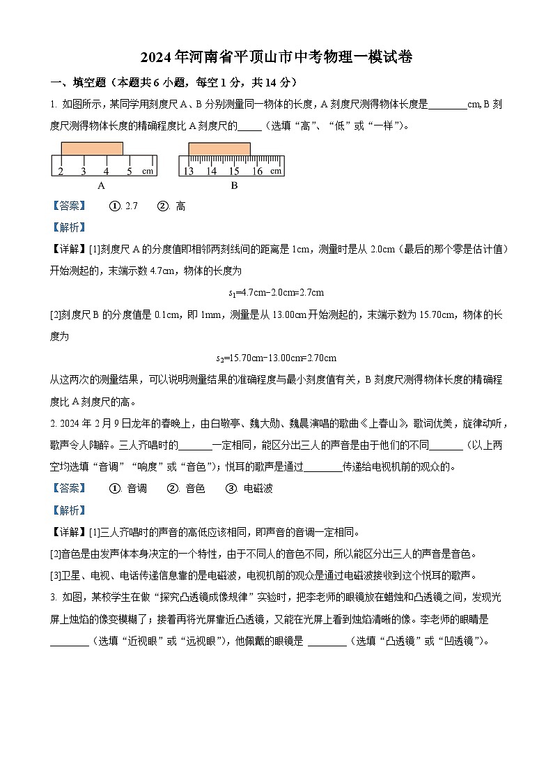 2024年河南省平顶山市中考物理一模试卷 （解析版）第1页