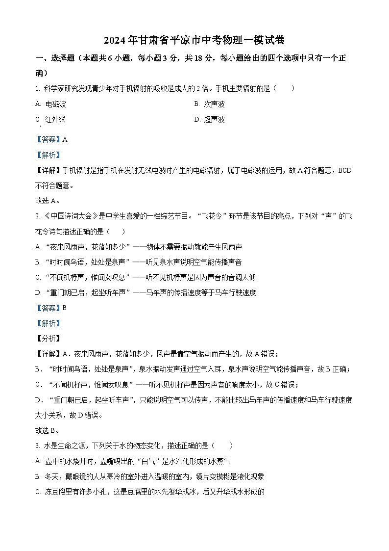 2024年甘肃省平凉市中考物理一模试卷（原卷版+解析版）01