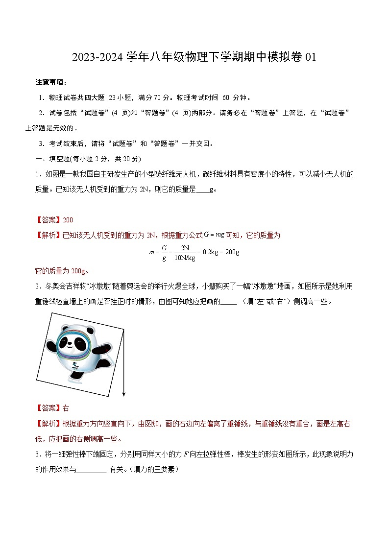 2023-2024学年初中下学期期中考试 八年级物理期中模拟卷（安徽专用）01
