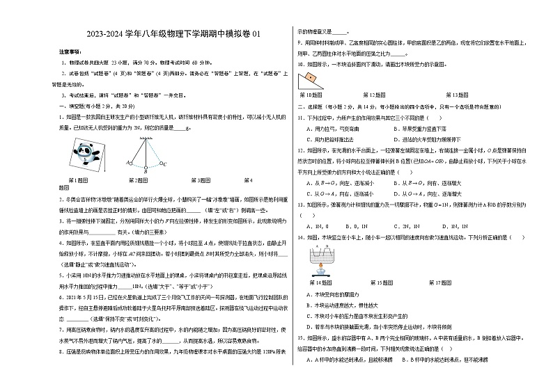 2023-2024学年初中下学期期中考试 八年级物理期中模拟卷（安徽专用）01