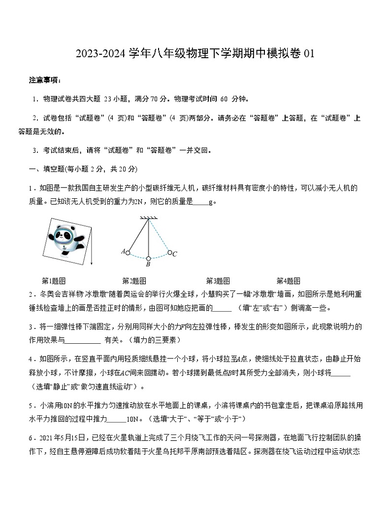 2023-2024学年初中下学期期中考试 八年级物理期中模拟卷（安徽专用）01