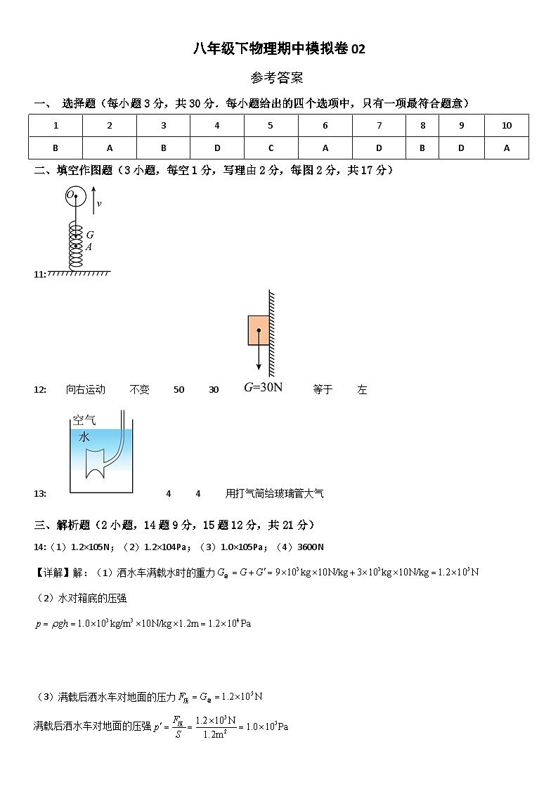 八年级下物理期中模拟卷02（参考答案）第1页
