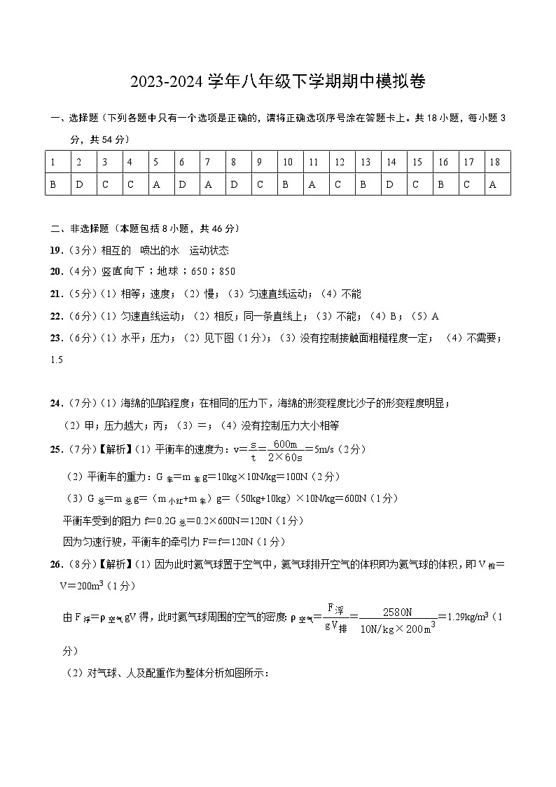 2023-2024学年初中下学期期中考试 八年级物理期中模拟卷（武汉专用）01