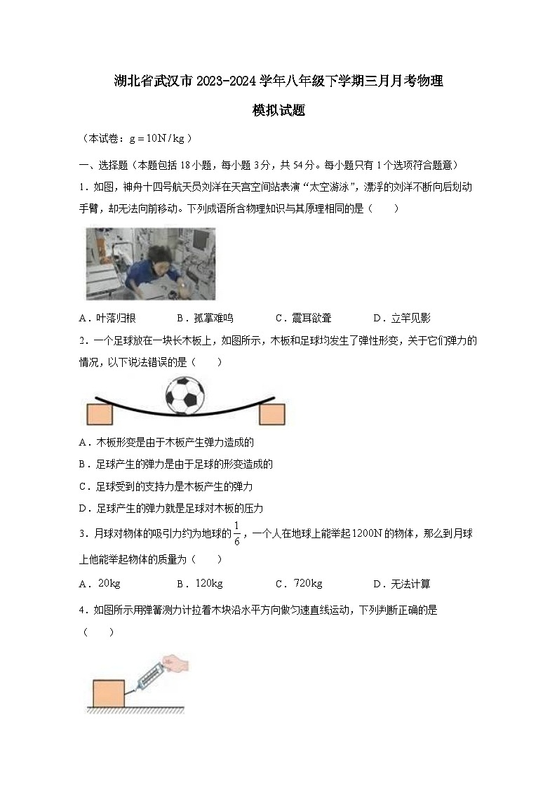 湖北省武汉市2023-2024学年八年级下册三月月考物理模拟试卷（附答案）01