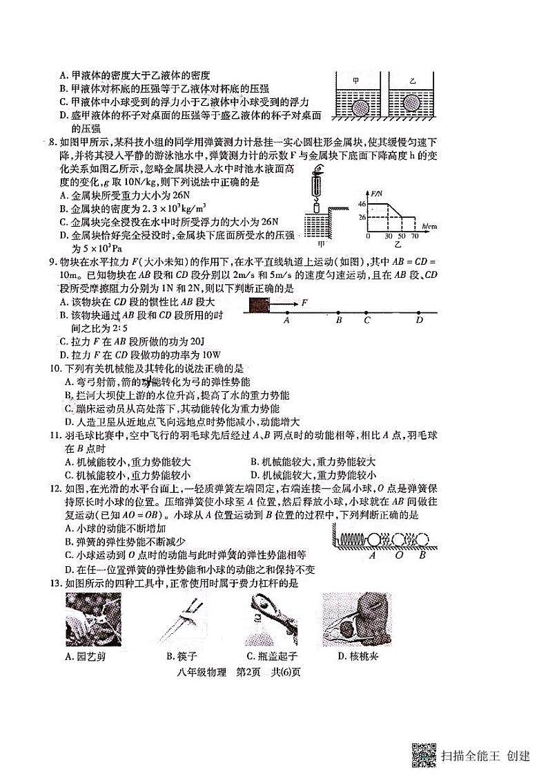 湖北省荆州市沙市区2021-2022学年八年级下学期期末物理试卷02