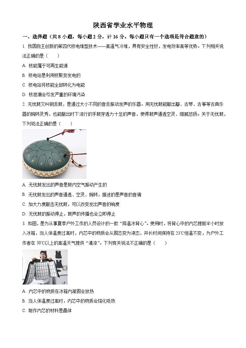 2024年陕西省永寿县部分学校九年级下学期一模考试物理试题（原卷版）第1页