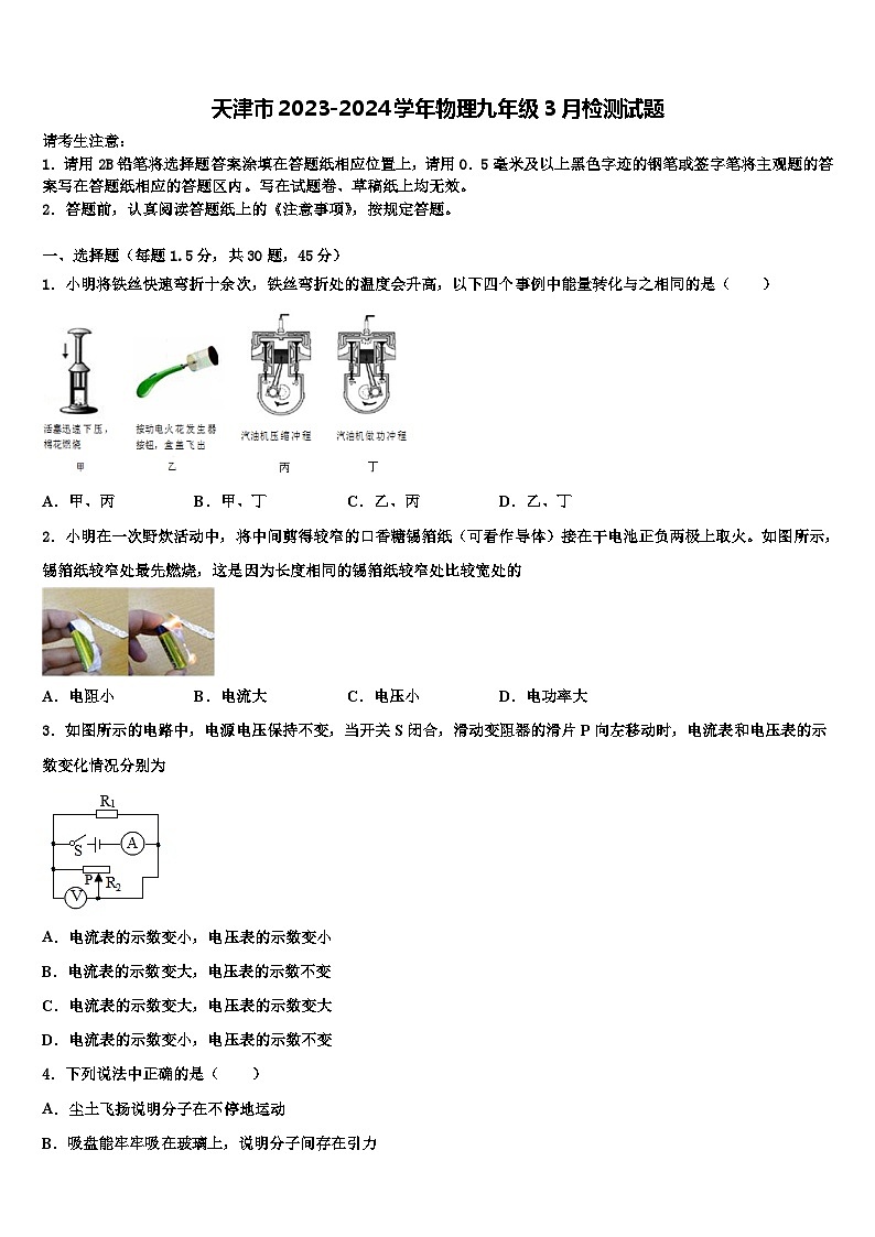 天津市2023-2024学年物理九年级3月检测试题第1页