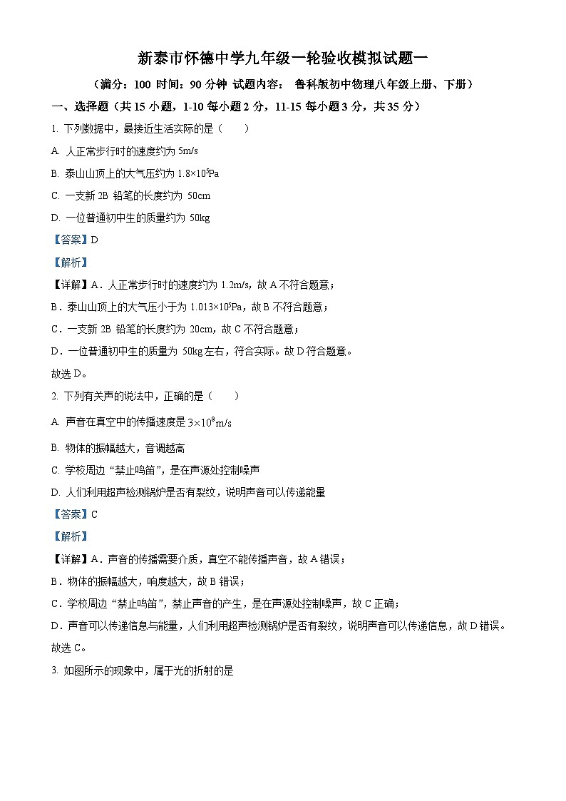 2024年山东泰安新泰市怀德中学九年级物理中考一轮验收模拟试题 （原卷版+解析版）01