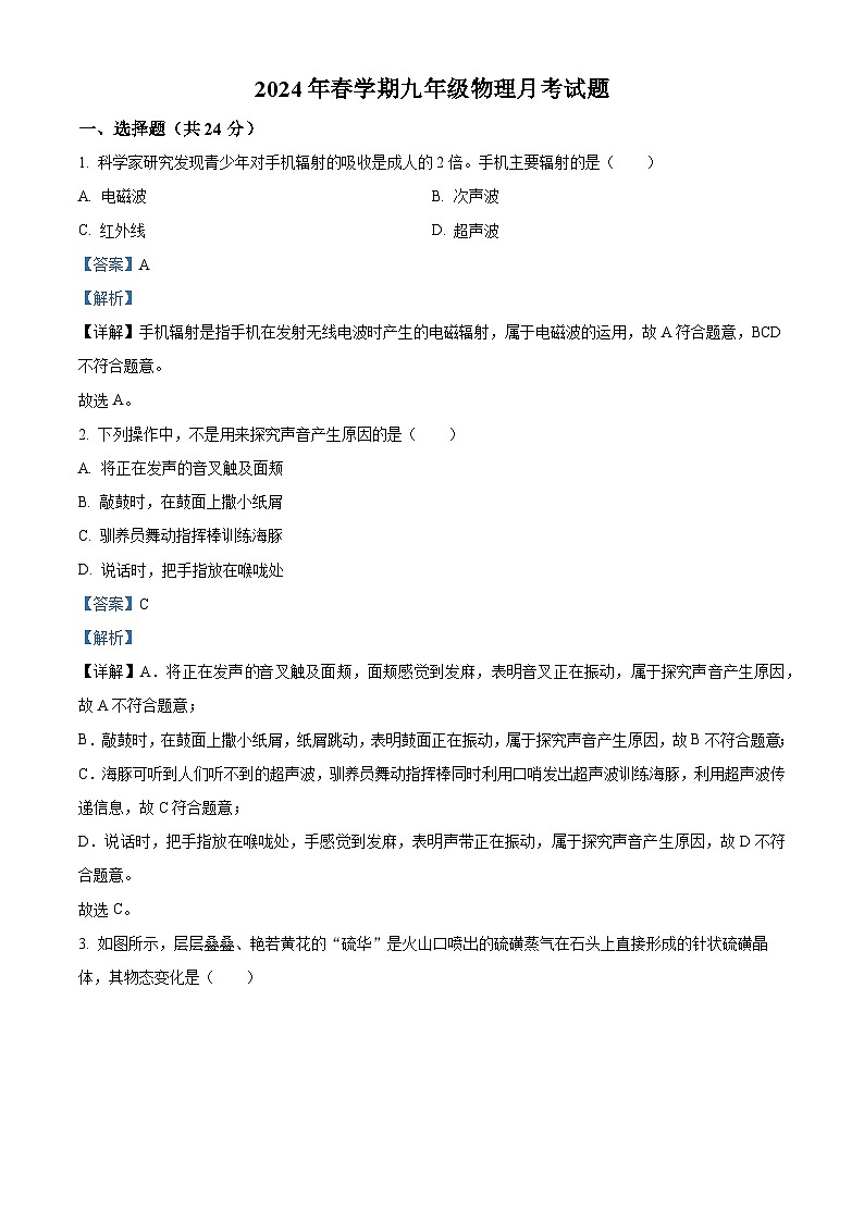 江苏省盐城市大丰区飞达路初级中学2023-2024学年九年级下学期3月月考物理试题（原卷版+解析版）01
