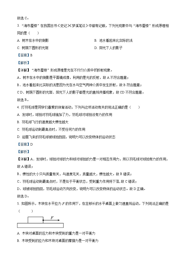 2024年山东省泰安市新泰市怀德中学中考物理一模试卷（原卷版+解析版）02