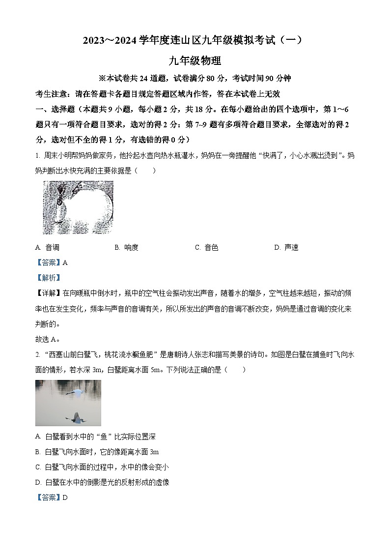 2024年辽宁省葫芦岛市连山区中考模拟考试物理试卷（一）（解析版）第1页