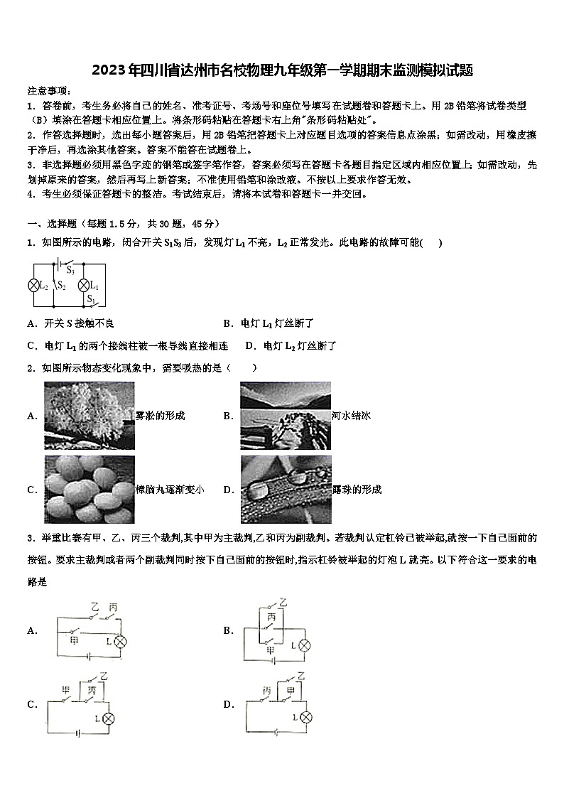 2023年四川省达州市名校物理九年级第一学期期末监测模拟试题含解析第1页