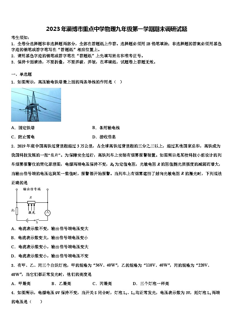 2023年淄博市重点中学物理九年级第一学期期末调研试题含解析第1页