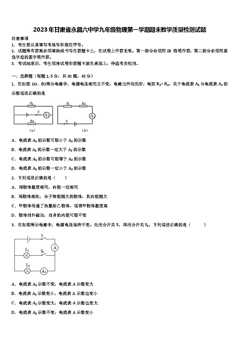 2023年甘肃省永昌六中学九年级物理第一学期期末教学质量检测试题含解析第1页