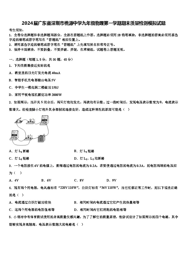 2024届广东省深圳市桃源中学九年级物理第一学期期末质量检测模拟试题含解析第1页